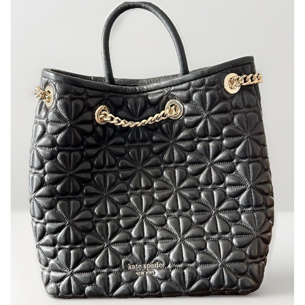 New Kate Spade Bloom Medium Quilted Leather Backpack Black Drawstring Chain $478
